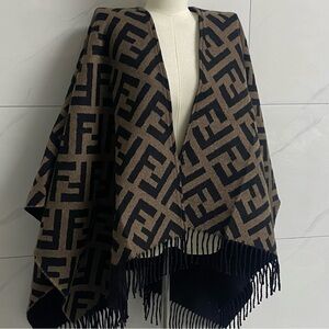 Fendi Designer Patterned Poncho with Fringe